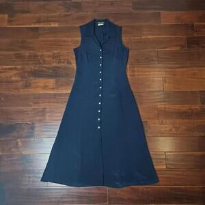 Vtg Cynthia Howie for Maggie Boutique Navy Silk Collared Sleeveless Long Dress
